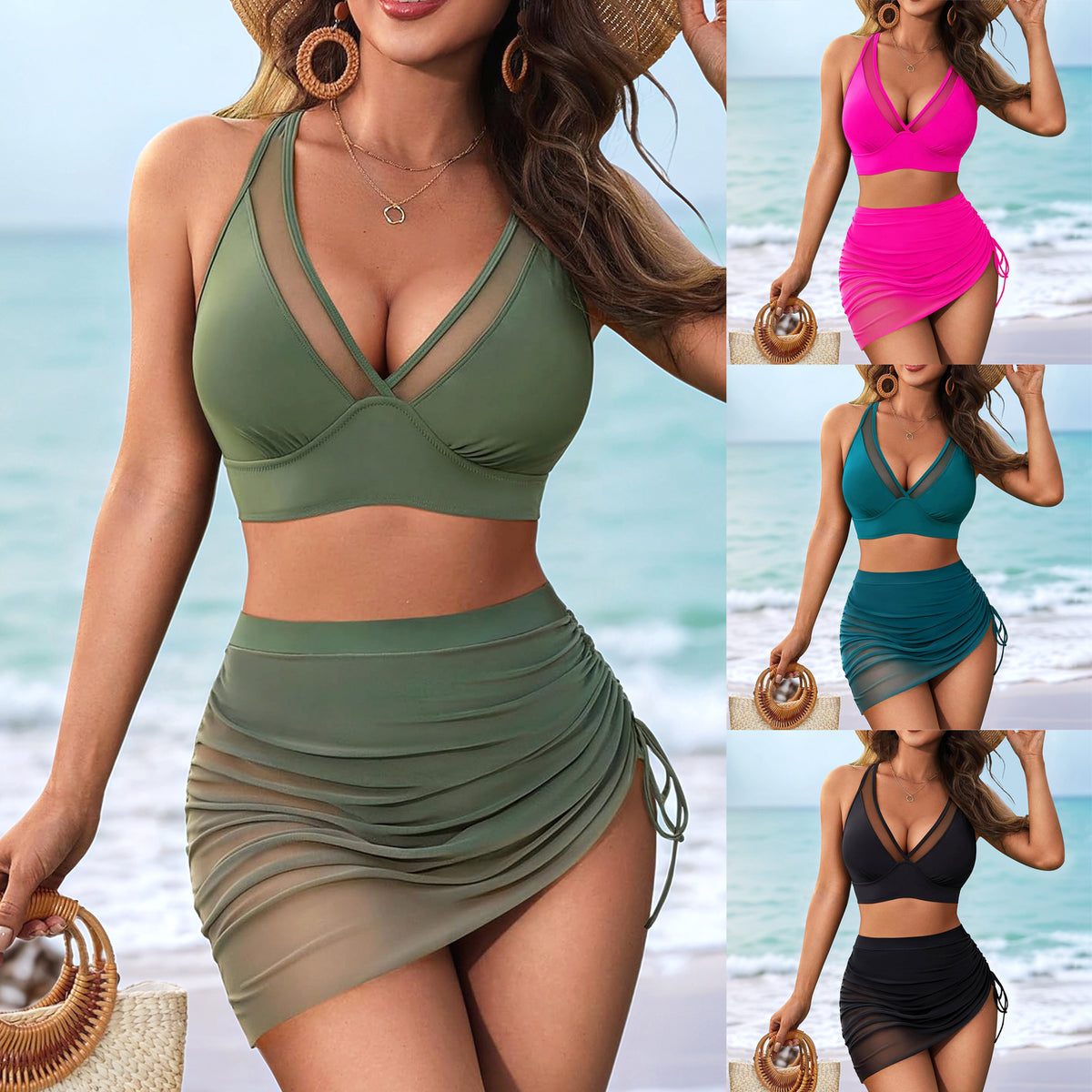 Maillot de bain deux pièces avec jupette en mesh vert, porté vue de face, avec aperçu des autres couleurs