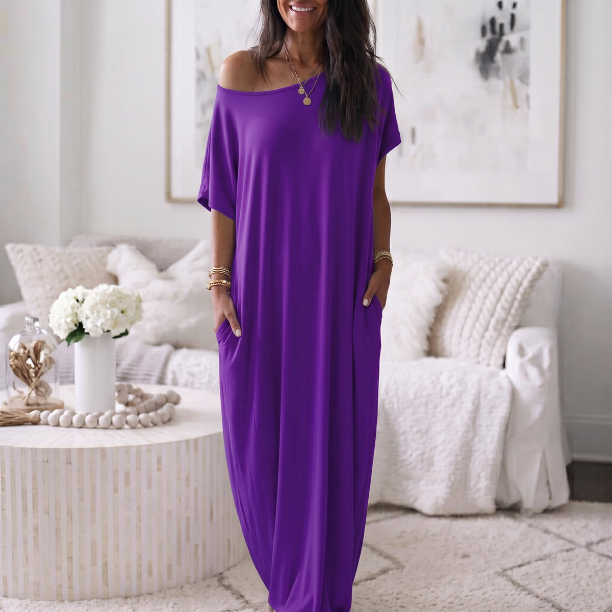 Robe ample à encolure asymétrique et manches courtes